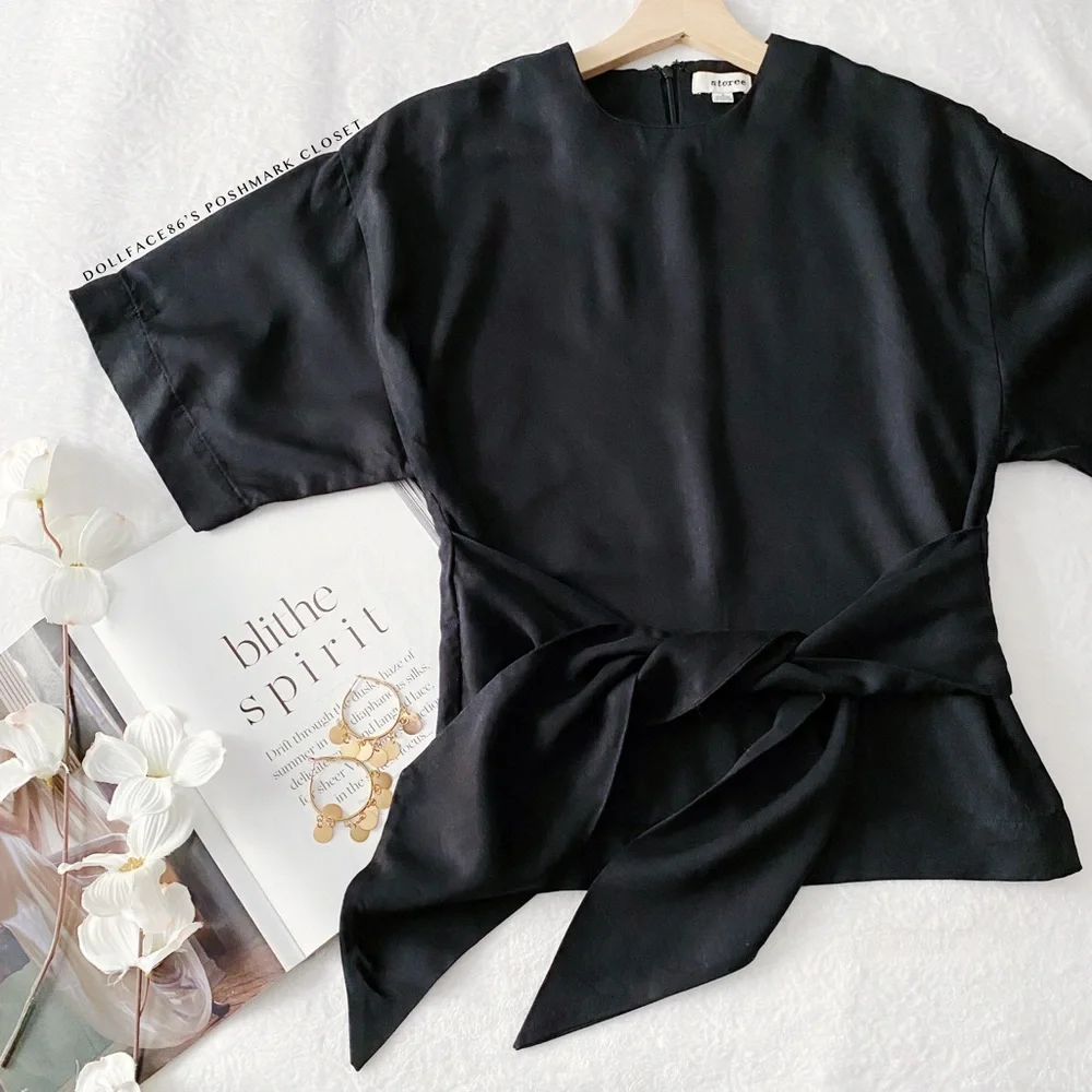 Black Tied Waist Wide Sleeve Blouse
